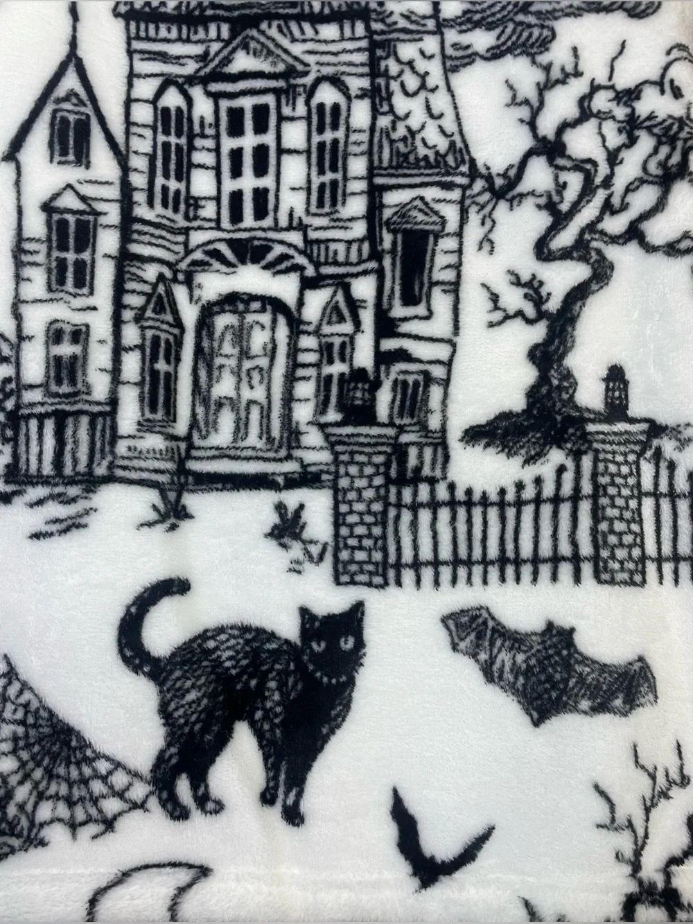 Halloween Oversized Plush Throw White Black Skeleton Haunted House Cat Tombstone
